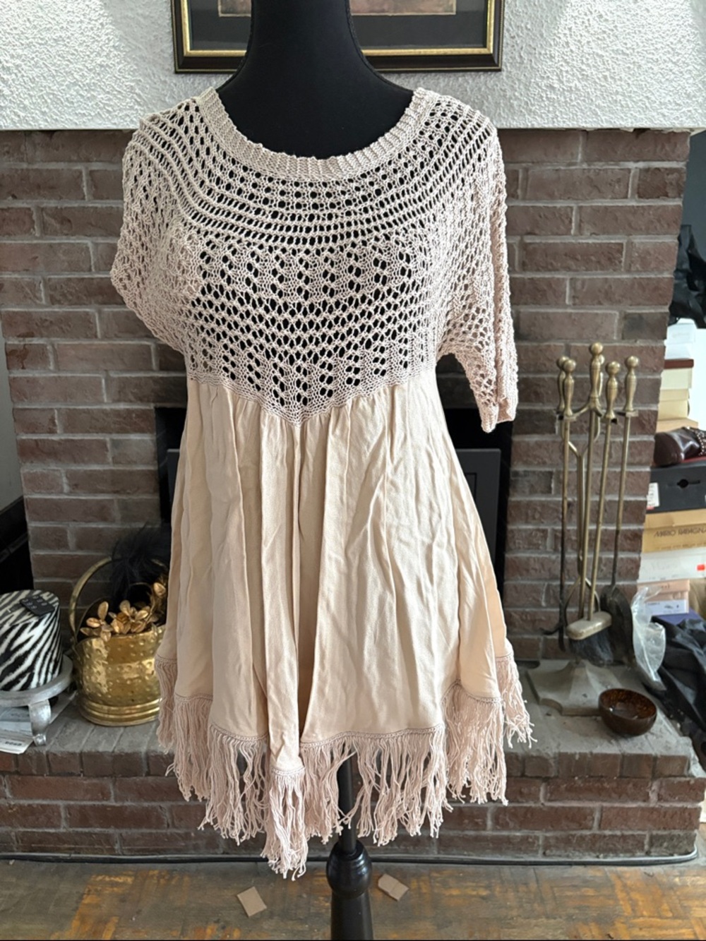 Ella Moss Beige Crochet Fringe Tunic